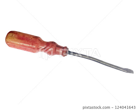 A weathered, vintage screwdriver with a worn, reddishbrown handle rests against a stark white background. 124041643