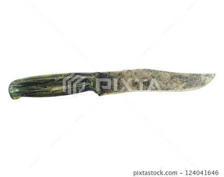 A weathered, vintage knife with a dark green, textured handle rests against a stark white backdrop. The blade shows signs of age and use, adding character and a sense of history. A weathered, vintage knife with a dark green, textured handle rests against a stark white backdrop. The blade shows signs of age and use, adding character and a sense of history. 124041646