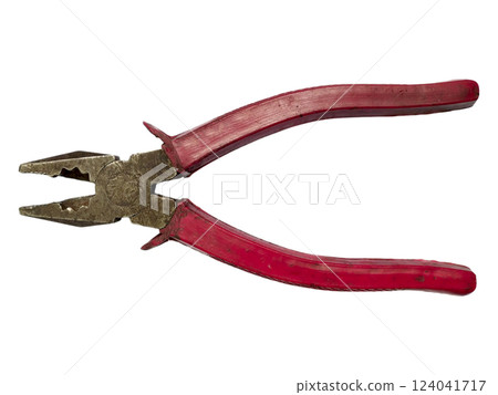 Closeup of wellused redhandled pliers against a clean white background.  The image conveys a sense of hard work, resilience, and the tools needed to get the job done. 124041717