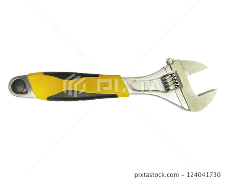 A versatile adjustable wrench with a vibrant yellow and black ergonomic handle, isolated on a clean white background.  This image symbolizes problemsolving, functionality, and DIY projects. 124041730