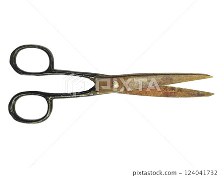 Antique scissors on white background.  A weathered, rustic tool suggesting themes of time, craftsmanship, and the passage of years. Perfect for vintage, historical, or DIY projects. 124041732