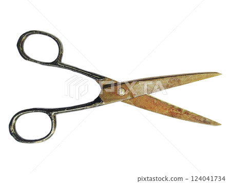 Rustic, vintage scissors isolated on white.  A timeless tool, symbolizing cutting ties, making choices, or the passage of time. Ideal for concepts of nostalgia, craftsmanship, or DIY projects. 124041734
