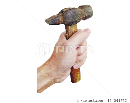 A weathered claw hammer, held firmly in a mans hand, symbolizes strength, craftsmanship, and hard work. The rustic texture and worn wood handle add character and authenticity. A weathered claw hammer, held firmly in a mans hand, symbolizes strength, craftsmanship, and hard work. The rustic texture and worn wood handle add character and authenticity. 124041752