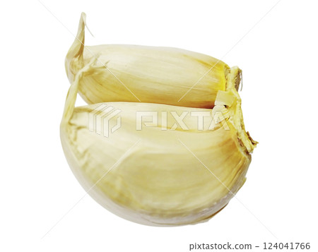 Closeup of two garlic cloves, subtly lit against a stark white background. 124041766