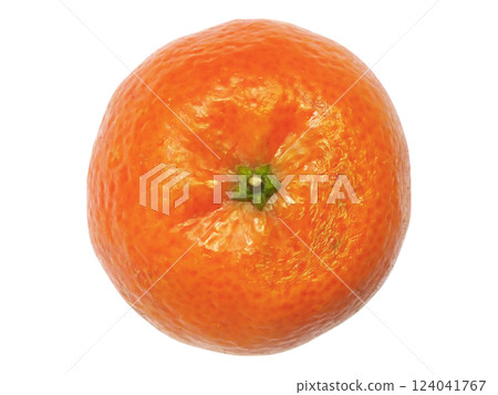 A vibrant, single mandarin orange sits centrally against a stark white background.  Its textured peel and juicy appearance suggest freshness and health. 124041767