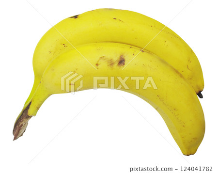Two ripe bananas, subtly speckled, form a gentle curve against a clean white background. A simple yet striking image, perfect for healthy eating, tropical themes, or minimalist design projects. Two ripe bananas, subtly speckled, form a gentle curve against a clean white background. A simple yet striking image, perfect for healthy eating, tropical themes, or minimalist design projects. 124041782