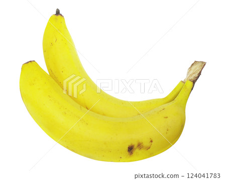 Two ripe yellow bananas nestled together against a stark white background. Two ripe yellow bananas nestled together against a stark white background. 124041783