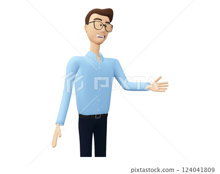 Friendly 3D cartoon businessman extends a welcoming hand, perfect for website banners, presentations, or illustrating concepts of collaboration, invitation, and opportunity. 124041809