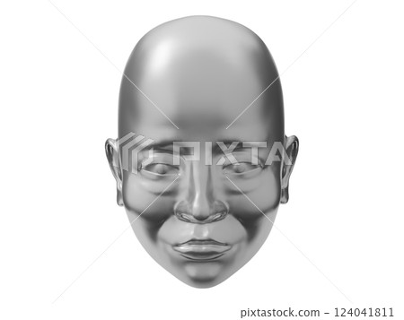 A serene, metallic head sculpture, rendered in smooth, polished silver. A serene, metallic head sculpture, rendered in smooth, polished silver. 124041811
