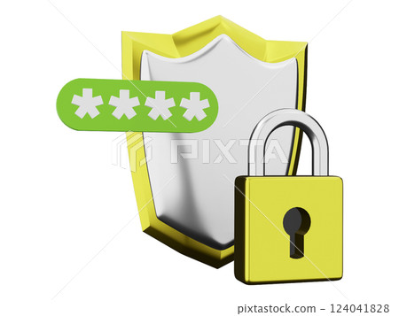 Cybersecurity concept 3D illustration of a shield, padlock, and password, symbolizing data protection and online security. Cybersecurity concept 3D illustration of a shield, padlock, and password, symbolizing data protection and online security. 124041828