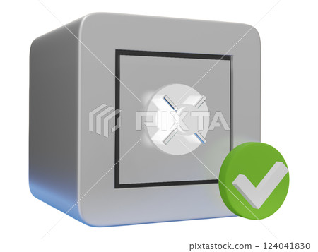 Secure digital vault concept. A 3D rendered illustration of a safe with a green checkmark, symbolizing data security, privacy, and protection. Secure digital vault concept. A 3D rendered illustration of a safe with a green checkmark, symbolizing data security, privacy, and protection. 124041830