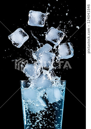 Ice cubes splashing into water on black background Ice cubes splashing into water on black background 124041846