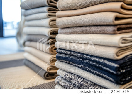 Close up of a pile of colorful handmade rugs in a showroom, showcasing various patterns and textures Close up of a pile of colorful handmade rugs in a showroom, showcasing various patterns and textures 124041869