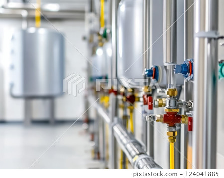 Modern boiler room with colorful pipes and expansion tank Modern boiler room with colorful pipes and expansion tank 124041885