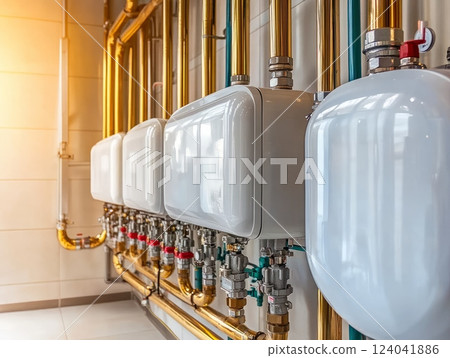 Modern boiler room with colorful pipes and expansion tank Modern boiler room with colorful pipes and expansion tank 124041886