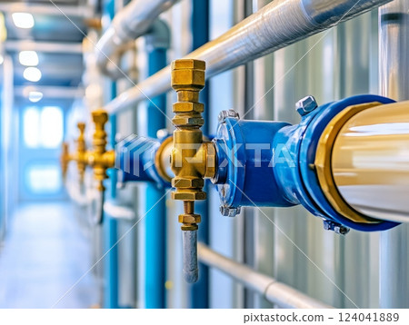 Industrial water heating system with brass valves and pipes Industrial water heating system with brass valves and pipes 124041889