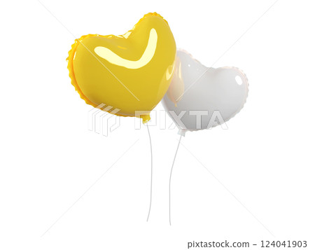 Two heartshaped balloons, one yellow with a subtle smile design and the other white, float against a pure white background.  Perfect for Valentines Day, celebrations, or conveying joy and love. 124041903