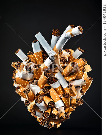 Numerous cigarettes are forming a heart shape, symbolizing the harmful effects of smoking on cardiovascular health 124041938