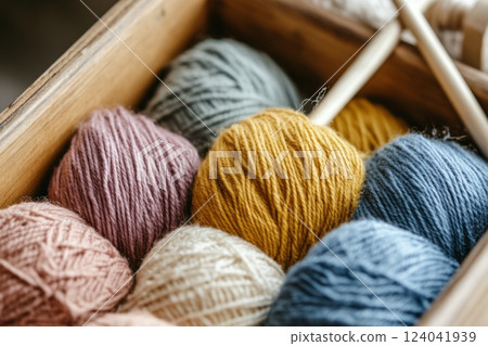 Colorful yarn balls and knitting needle inspiring creativity 124041939
