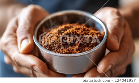 Barista holding portafilter with fresh ground coffee 124041957