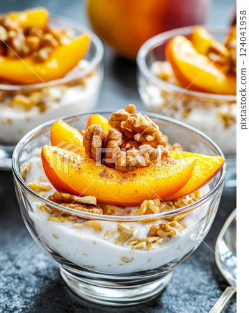 Glass bowl of overnight oats topped with peach slices, pecan nuts, and cinnamon 124041958