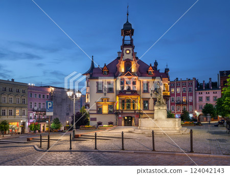 Building of Town Hall at dusk in Nowa Ruda, Poland Building of Town Hall at dusk in Nowa Ruda, Poland 124042143