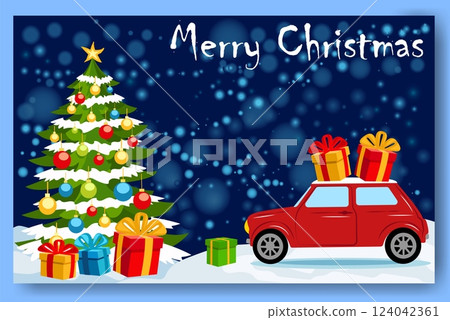 Colorful vector illustration of a festive winter landscape featuring a decorated Christmas tree and a red car adorned with gifts, celebrating the joy of the holiday season 124042361