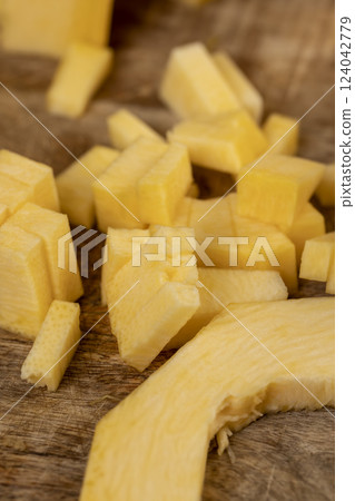 orange pumpkin fruit details cut into pieces for cooking 124042779