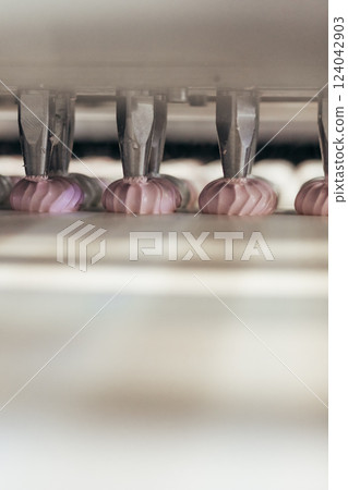 Confectionery factory. Zephyr and marshmallows production line machine, close-up 124042903