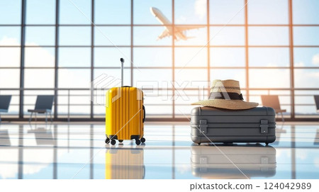 Modern Airport Terminal with Stylish Suitcases and Airplane Takeoff | 3D Travel Concept. 124042989
