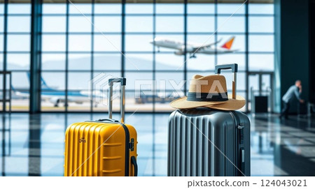 Modern Airport Terminal with Stylish Suitcases and Airplane Takeoff | 3D Travel Concept. Modern Airport Terminal with Stylish Suitcases and Airplane Takeoff | 3D Travel Concept. 124043021