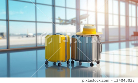 Modern Airport Terminal with Stylish Suitcases and Airplane Takeoff | 3D Travel Concept. Modern Airport Terminal with Stylish Suitcases and Airplane Takeoff | 3D Travel Concept. 124043022