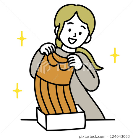 Vector illustration of a woman buying clothes and taking them out of a box Vector illustration of a woman buying clothes and taking them out of a box 124043063