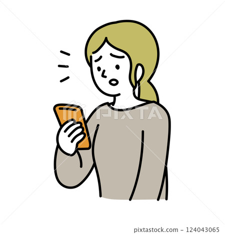 Vector illustration of a woman with a troubled expression looking at her smartphone 124043065