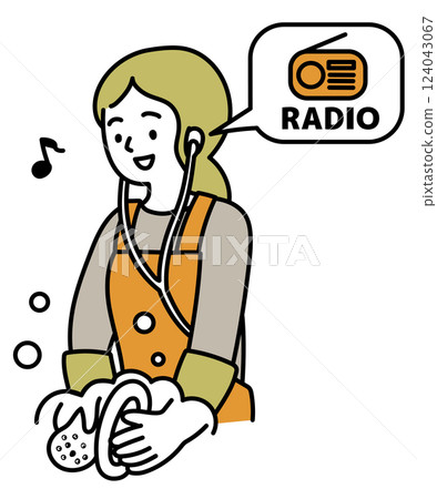 Vector illustration of a woman washing dishes while listening to the radio Vector illustration of a woman washing dishes while listening to the radio 124043067