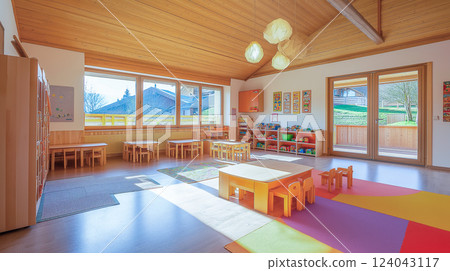 Bright and spacious classroom with wooden decor and colorful play areas in a peaceful kindergarden Bright and spacious classroom with wooden decor and colorful play areas in a peaceful kindergarden 124043117