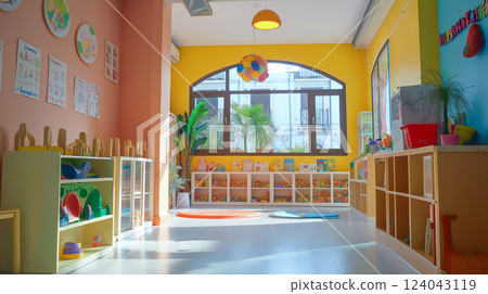 Bright and colorful children playroom featuring educational toys and learning materials Bright and colorful children playroom featuring educational toys and learning materials 124043119