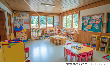Bright and welcoming preschool classroom filled with educational materials and colorful furniture Bright and welcoming preschool classroom filled with educational materials and colorful furniture 124043120