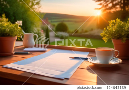Comfort zone on balcony for evening tea and notes, reflections overlooking countryside 124043189