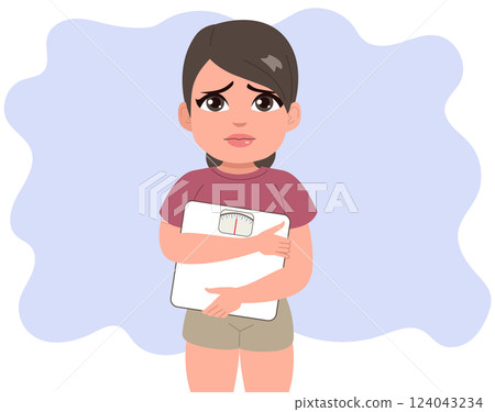 Overweight Woman Holding Weight Scale Vector Illustration 124043234