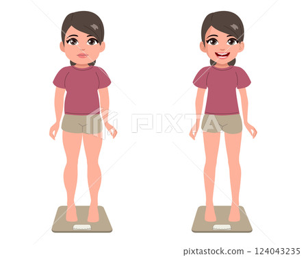 Before And After Diet Woman With Weight Scale Vector Illustration 124043235