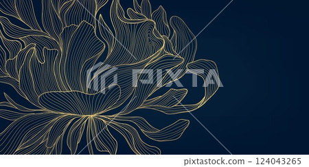 Vector art deco gold on blue floral pattern. Nouveau fancy leaves luxury texture, exotic jungle illustration, elegant japanese wavy wallpaper Vector art deco gold on blue floral pattern. Nouveau fancy leaves luxury texture, exotic jungle illustration, elegant japanese wavy wallpaper 124043265
