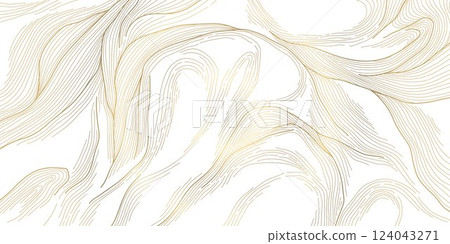 Vector white and gold line luxury organic pattern. Japanese style abstract wave, elegant water, contour, topography, cloud elegant texture. Premium fancy minimal template. Vector white and gold line luxury organic pattern. Japanese style abstract wave, elegant water, contour, topography, cloud elegant texture. Premium fancy minimal template. 124043271