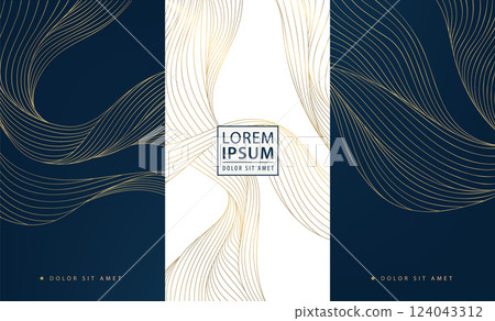 Vector set of gold line texture wave labels, japanese elegant package. Nature template brochures, liquid premium illustrations. 124043312