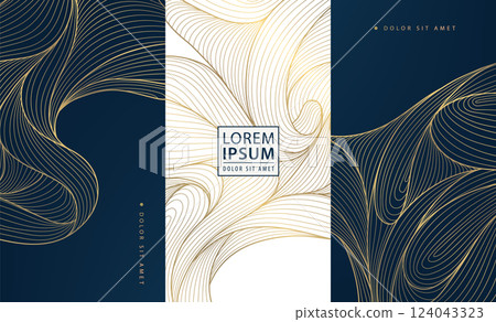 Vector set of gold line texture wave labels, japanese elegant package. Nature template brochures, liquid premium illustrations Vector set of gold line texture wave labels, japanese elegant package. Nature template brochures, liquid premium illustrations 124043323