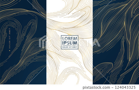Vector set of gold line texture wave labels, japanese elegant package. Nature template brochures, liquid premium illustrations 124043325