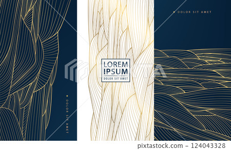 Vector set if gold line landscapes, luxury leaves abstract design, organic floral japanese elegant ornament, wine pattern, perfume, cosmetics, beauty package. Vector set if gold line landscapes, luxury leaves abstract design, organic floral japanese elegant ornament, wine pattern, perfume, cosmetics, beauty package. 124043328