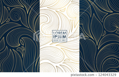 Vector set of gold luxury art deco backgrounds, nature fancy ornate pattern. Leaf floral wine, spa, beauty products, perfume, tea design. Vintage box elegant template. 124043329