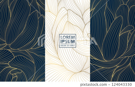 Vector set of gold luxury art deco backgrounds, nature fancy ornate pattern. Leaf floral wine, spa, beauty products, perfume, tea design. Vintage box elegant template. 124043330