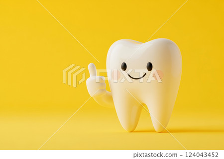 Cheerful cartoon tooth with thumbs up gesture on vibrant yellow background for dental health concept, AI Generative 124043452
